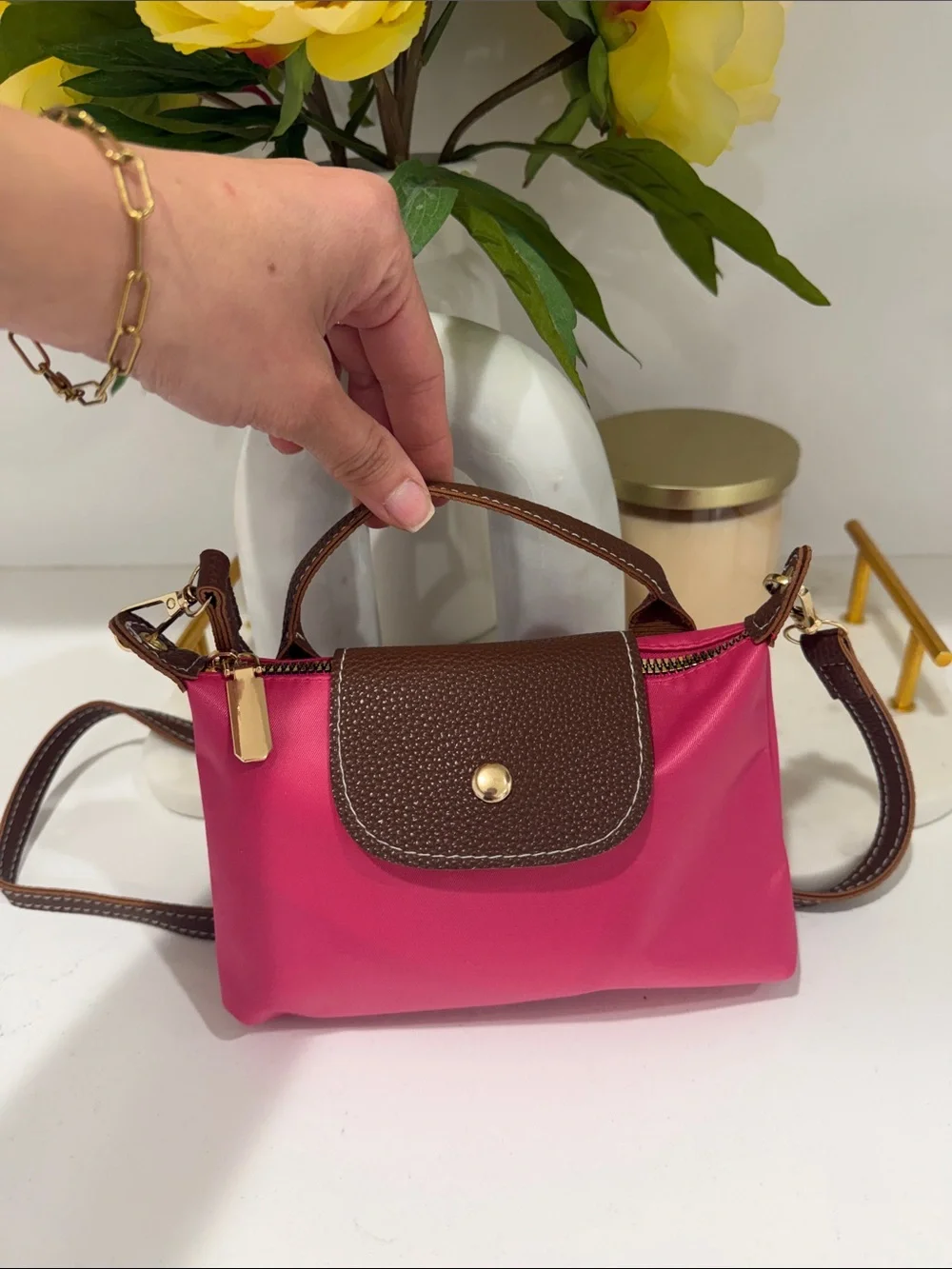 Pink Nylon Mini Bag with Brown Trim